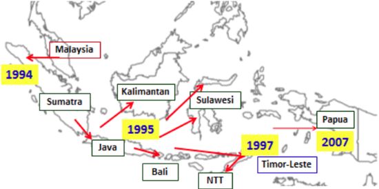 Map of Indonesia with outbreak dates