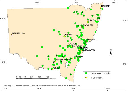 Map of NSW showing flavivirus distribution