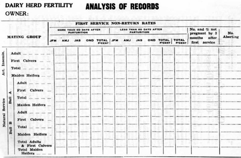 chart to record bovine infertility