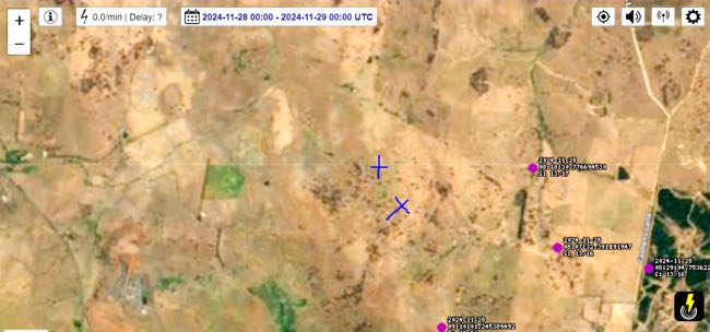Map of lighting strikes occuring in the relevant location