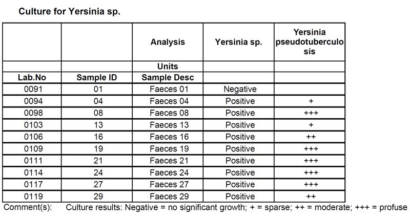 Table of Yersinia culture results