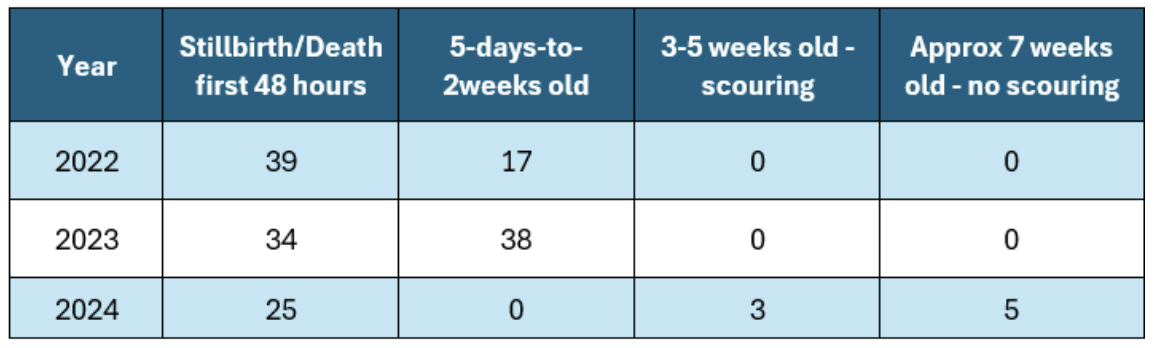 Table of kid deaths by clinical manifestation 2022-2024